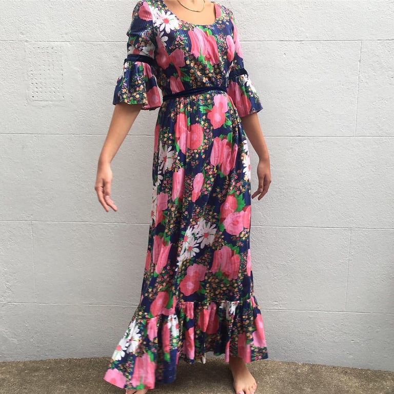1970s floral blue and white frill full-length dress