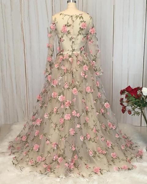 Gorgeous Flowers Long Sleeves Tulle Evening Dress, V-neckline Wedding Party Dress