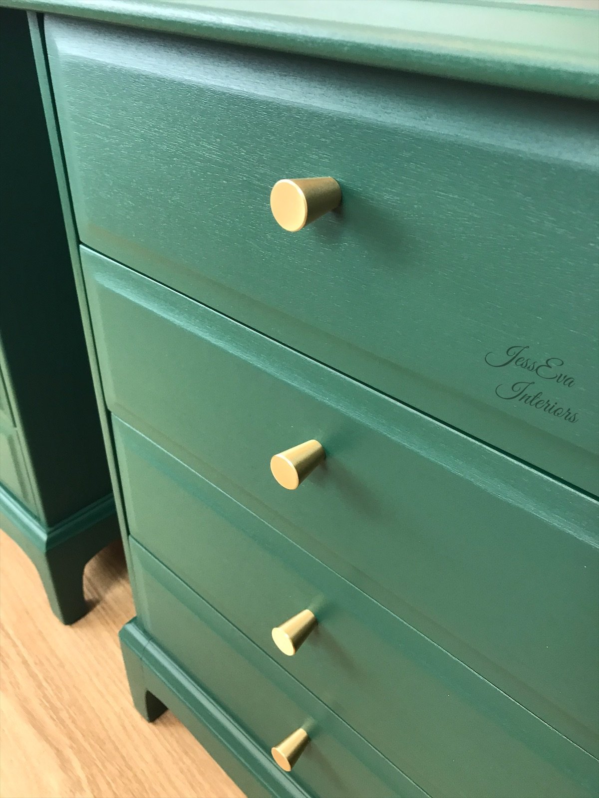 Stag Minstrel Bedside Tables / Stag Bedside Cabinets / Chest of Drawers painted in Emerald Green