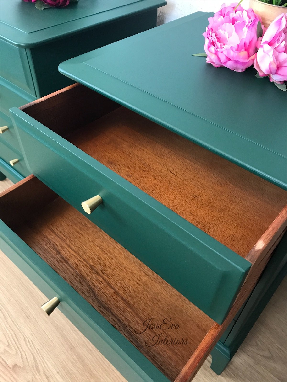 Stag Minstrel Bedside Tables / Stag Bedside Cabinets / Chest of Drawers painted in Emerald Green