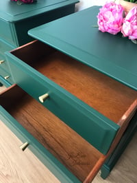 Image 5 of Stag Minstrel Bedside Tables / Stag Bedside Cabinets / Chest of Drawers painted in Emerald Green