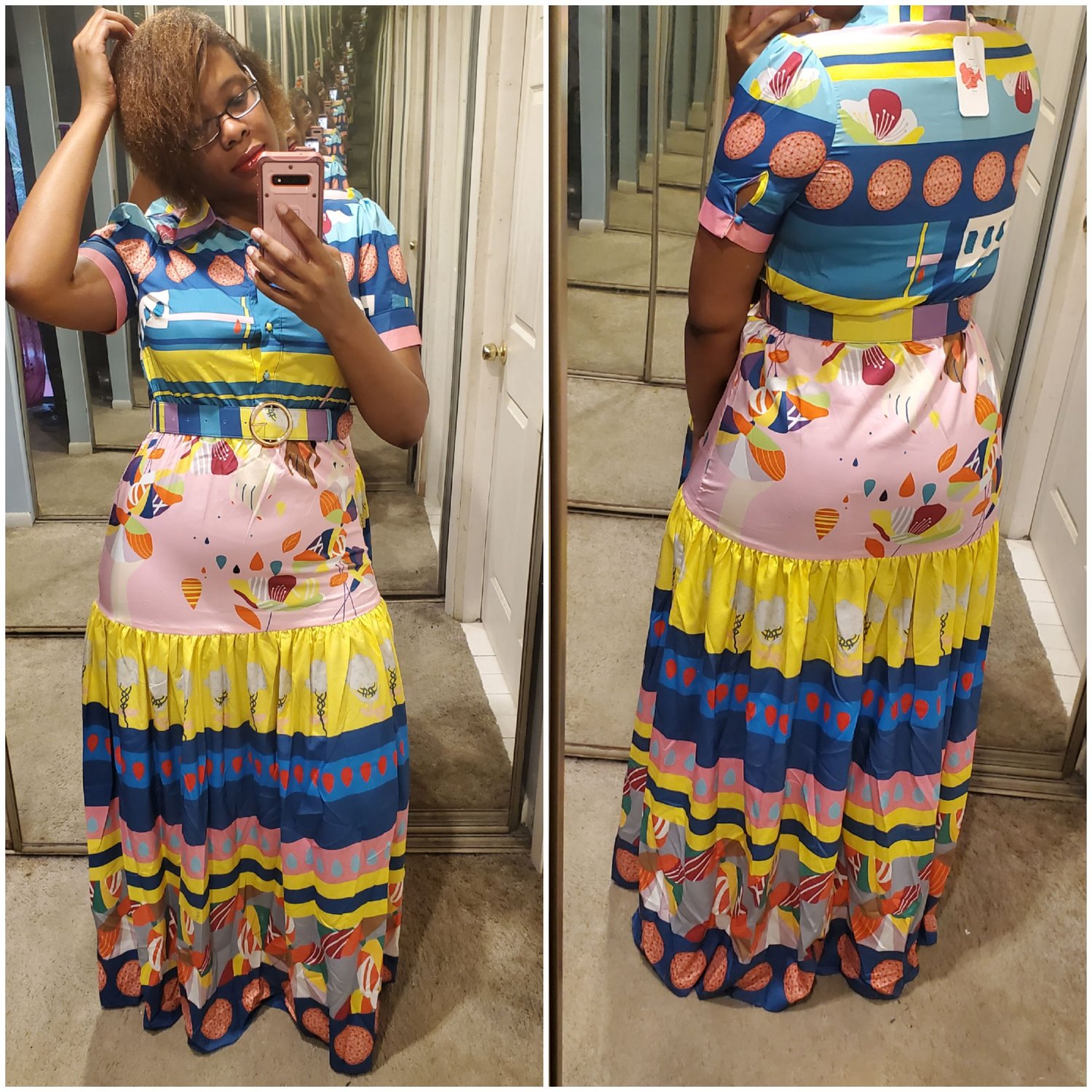 Image of Abstract Print Belted Maxi Dress