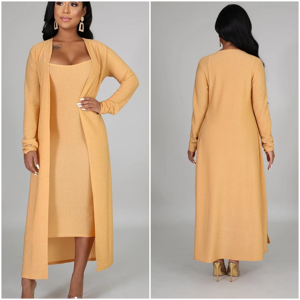 Image of Gold Dazzling Midi Dress & Cardigan Set