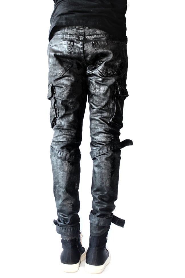 Black Waxed Strapped Cargo Denim | DenimByDeCarlos