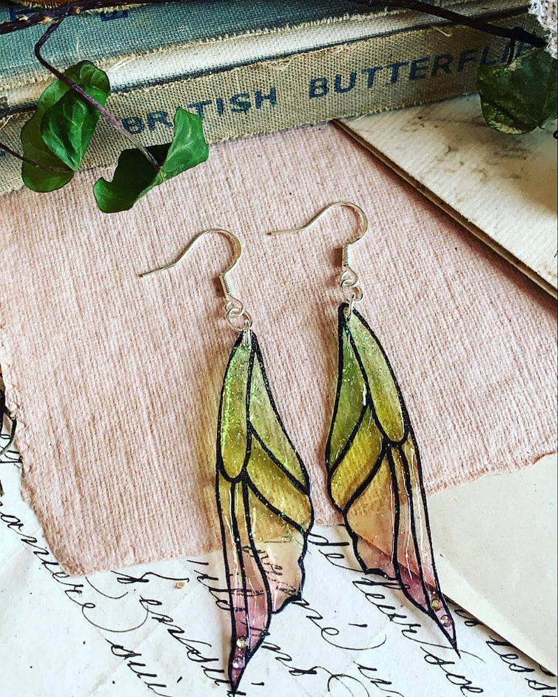 Image of NEW “Midsummers flight” green and pink faerie wing earrings