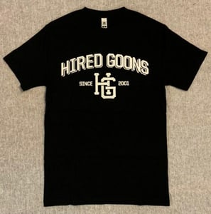 Image of Hired Goons "College" shirt.  White on Black