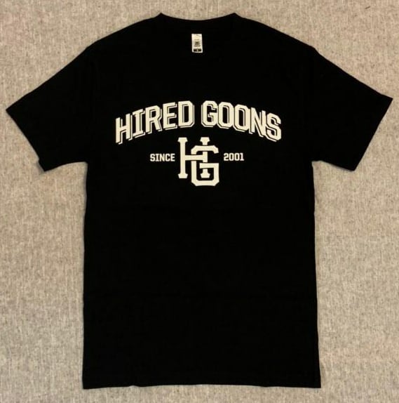HGCREW — Hired Goons "College" shirt. White on Black