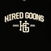 Image of Hired Goons "College" shirt.  White on Black