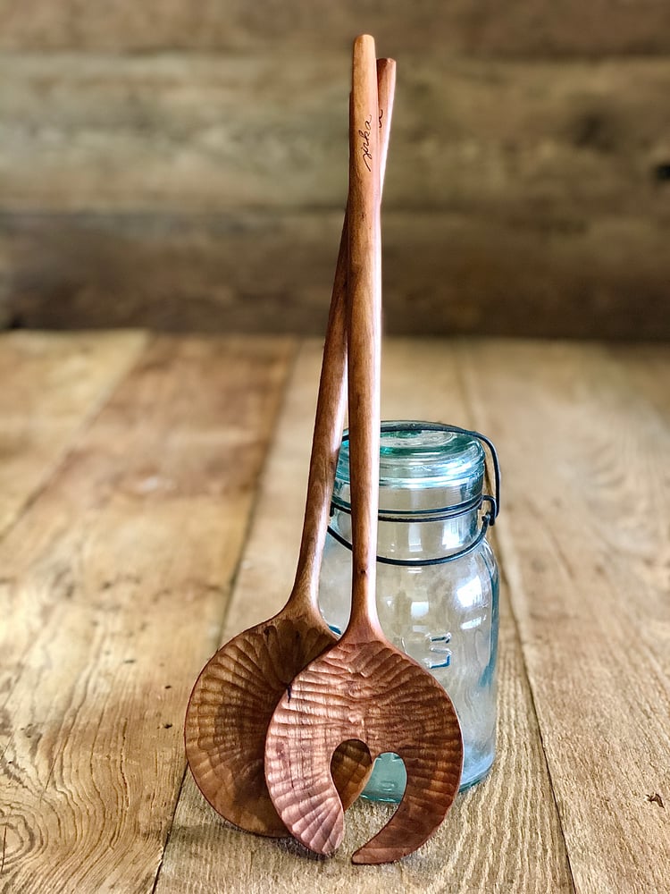 Image of Hand carved  salad spoon set