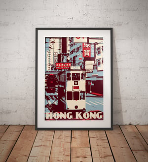 Image of Vintage poster Hong Kong - Tramway - Ding Ding Blue and Red - Fine Art Print