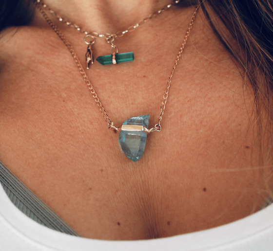 Image of Balance necklace. Green tourmaline set in 9ct gold. 