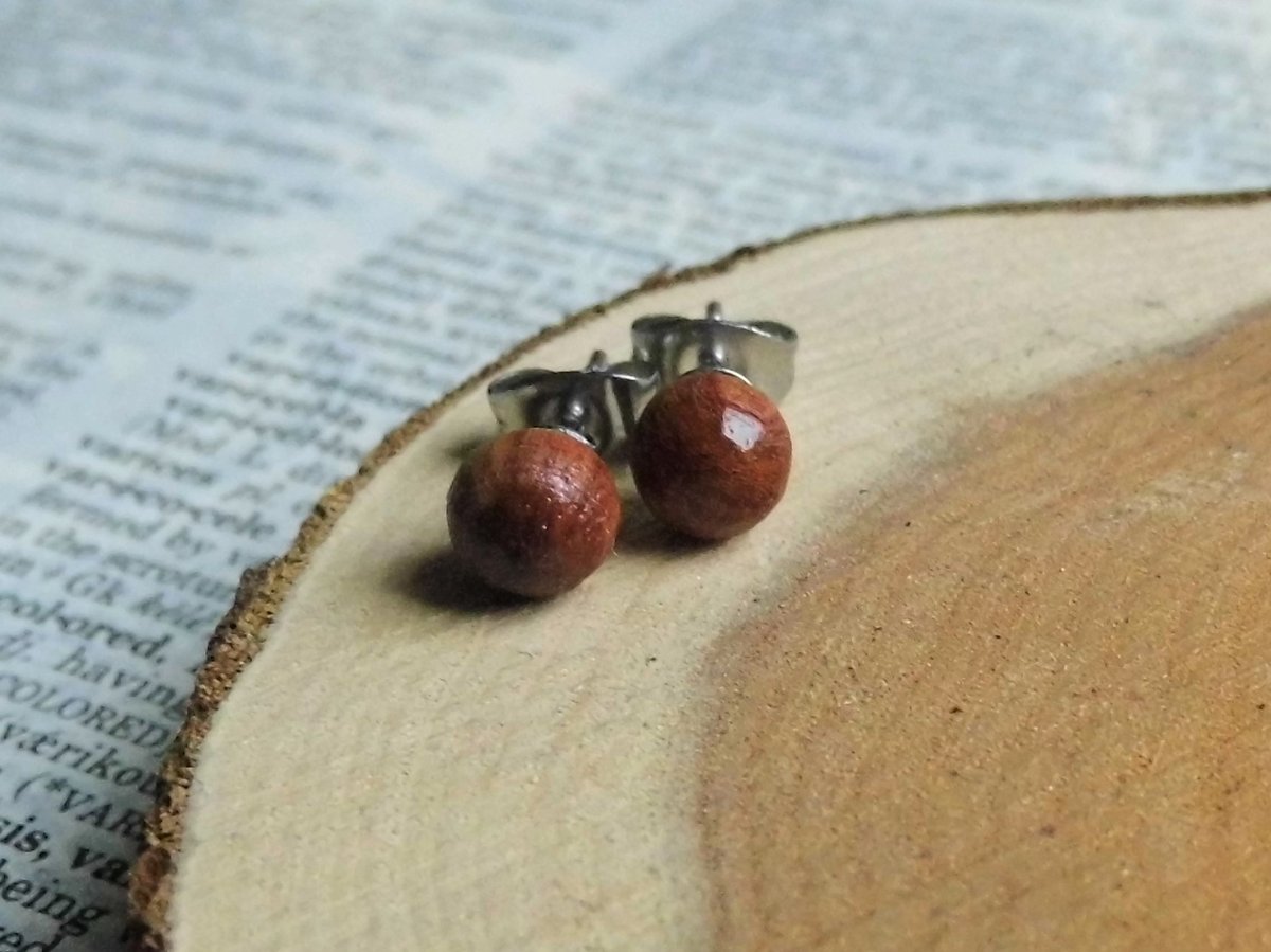Small Round Red Wood Stud Earrings