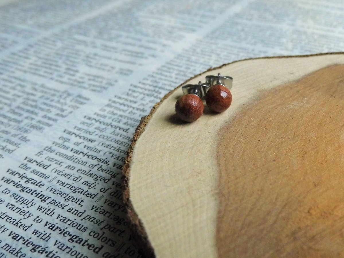 Small Round Red Wood Stud Earrings