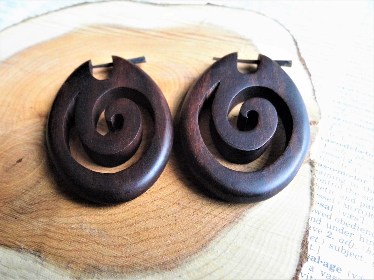 Large Wave Earrings Ocean Tribal Wood