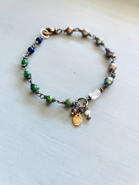 Image 1 of peacock pearl and emerald bracelet w rose gold charm