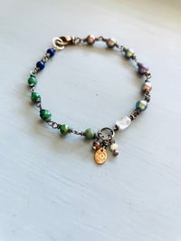 Image 1 of peacock pearl and emerald bracelet with rose gold charm