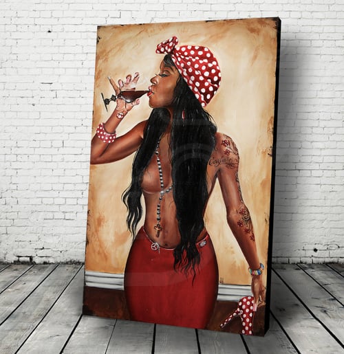 Image of JEREMY WORST Conjure sipping Sexy ink Tattoo Artwork wine African black Girl urban scarf urban 