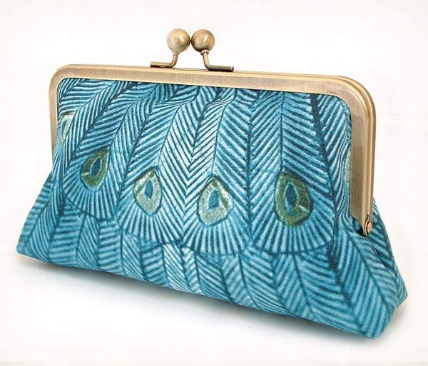 Image of Teal peacock silk clutch bag with chain handle