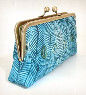 Image of Teal peacock silk clutch bag with chain handle