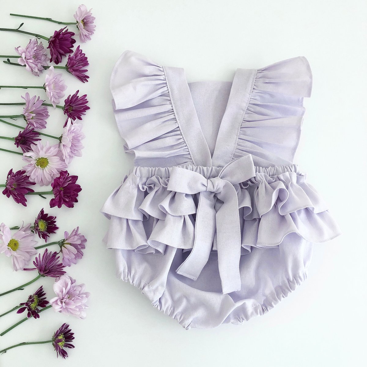 Joy Marie Clothing | Linen ruffle romper in Lavender
