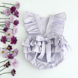 Image of Linen ruffle romper in Lavender 