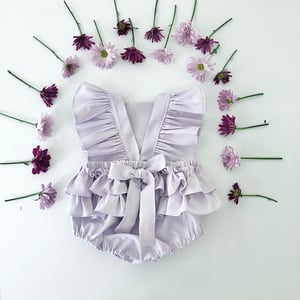 Image of Linen ruffle romper in Lavender 