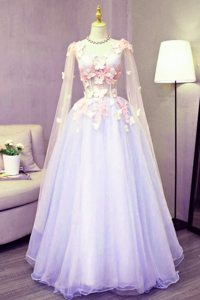 Lavender Tulle Long Sweet 16 Party Dress, A-line Floor Length Evening Dress