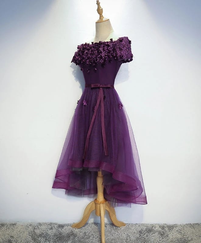 High Low Purple Tulle Off Shoulder Party Dress, Cute Homecoming Dress
