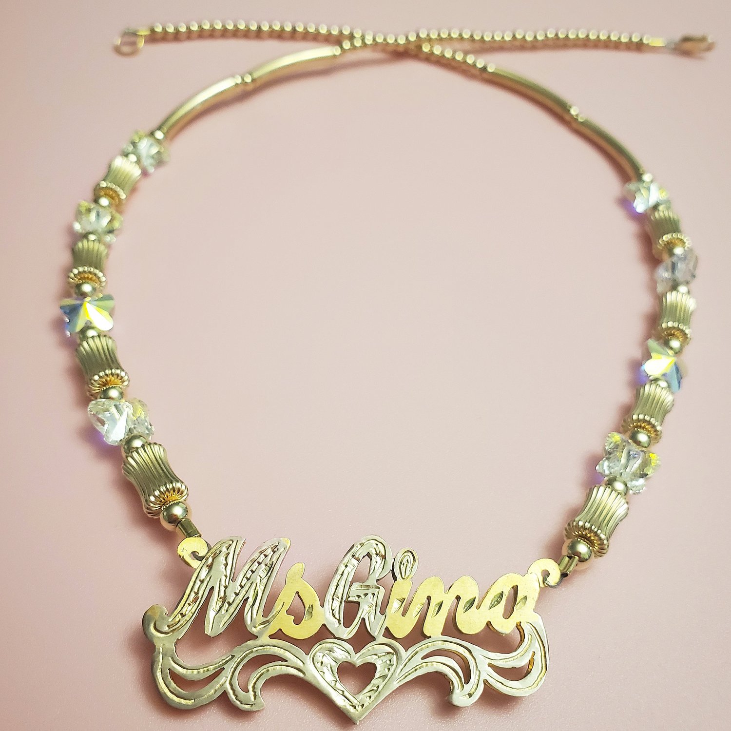 Butterfly Beaded Double Plate Nameplate Necklace 