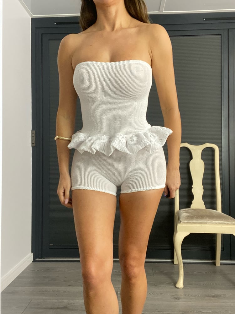 Image of Bubble Peplum Bandeau Top OR Micro Short Co-Ord White Crinkle