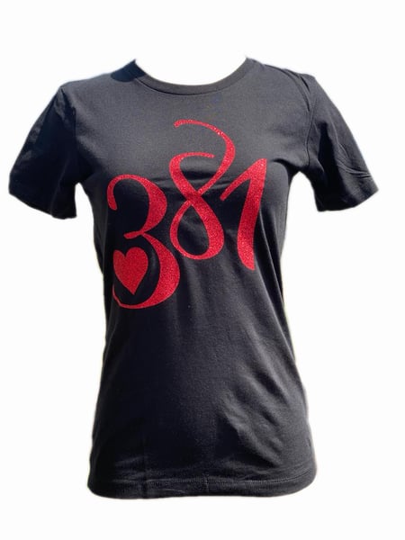 Image of 381 Logo Tee Black|Red Glitter
