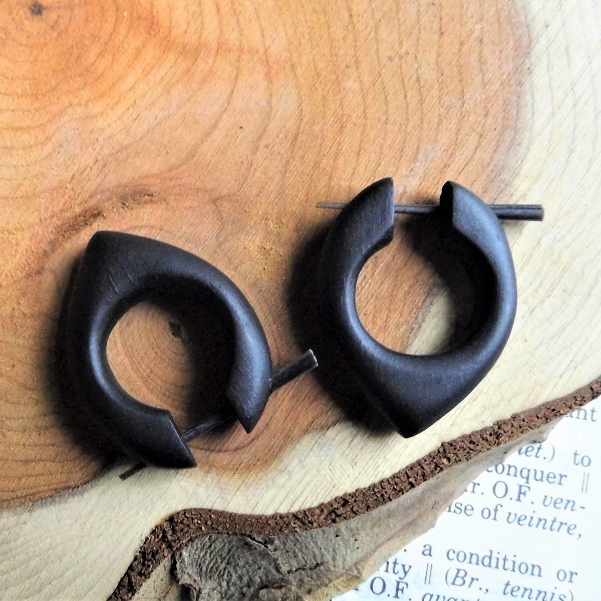 Black Earrings Wooden Hoop Huggies Arrowhead 