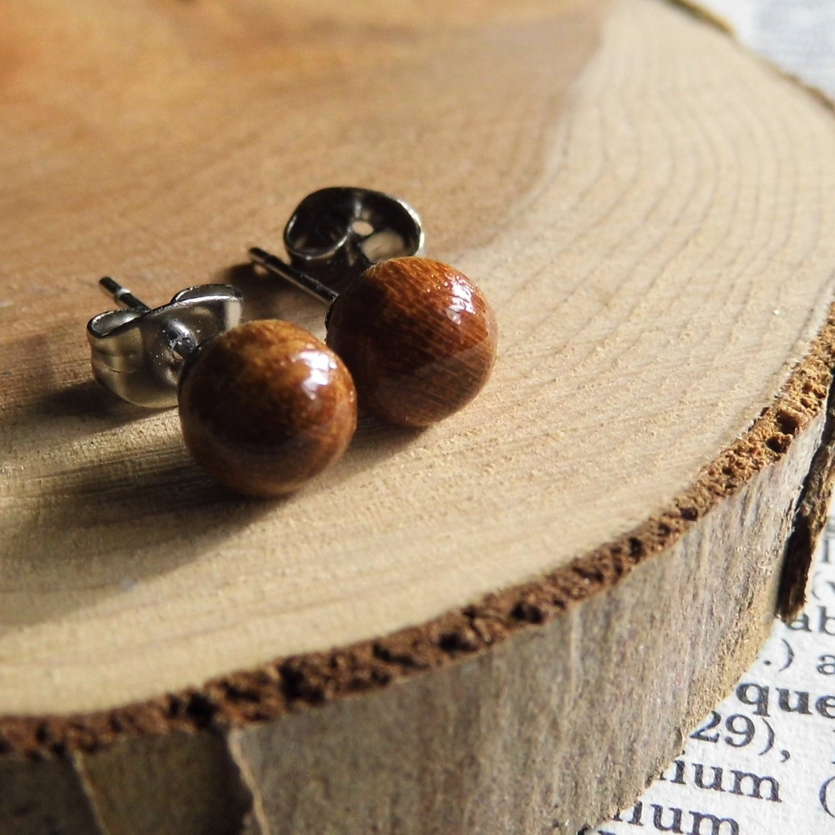 Small Round Wooden Honey Stud Earrings