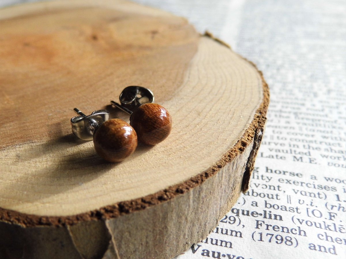 Small Round Wooden Honey Stud Earrings