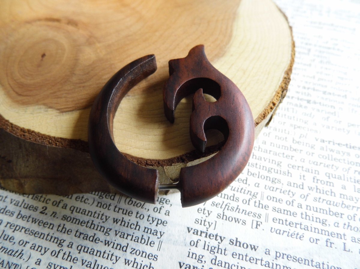 Crescent Moon Earring Wood Tribal Style