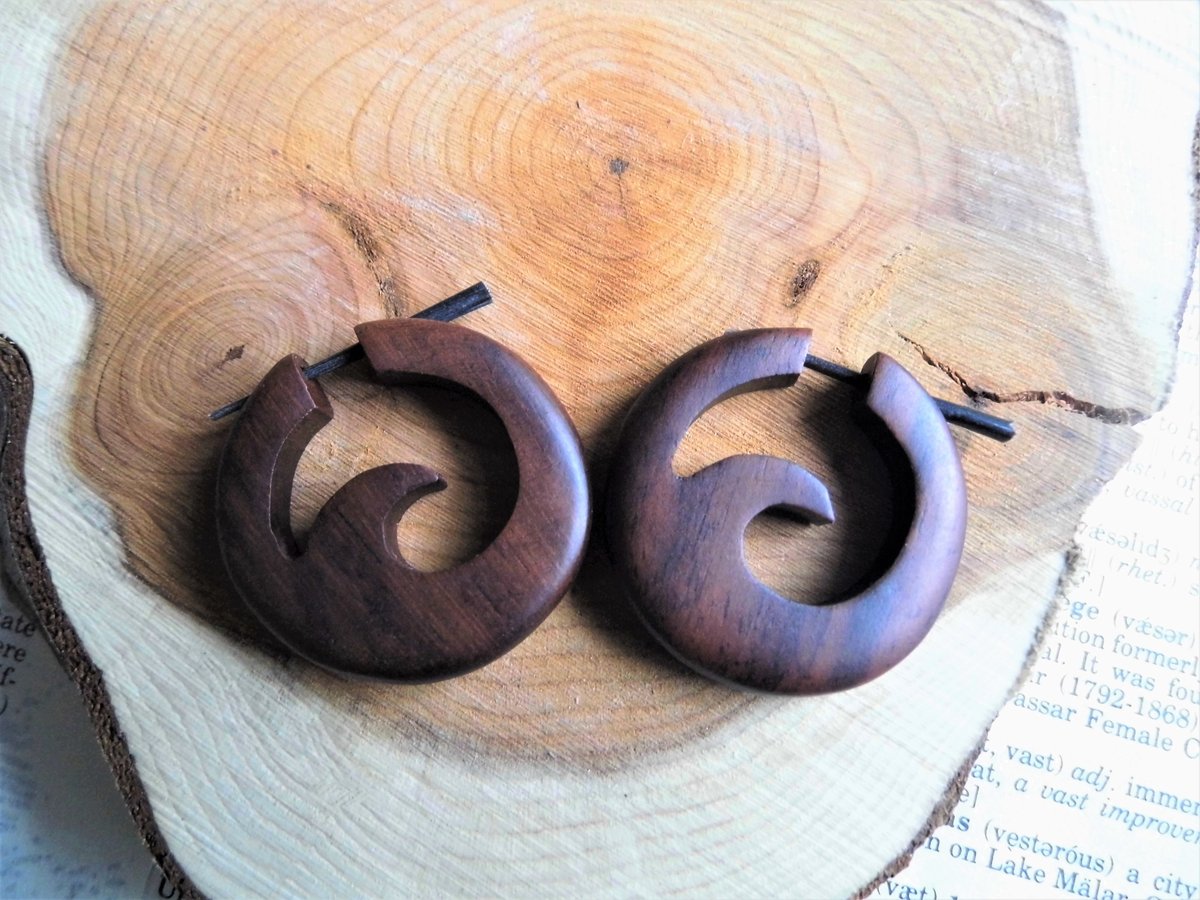 Small Wood Hoop Ocean Wave Earrings