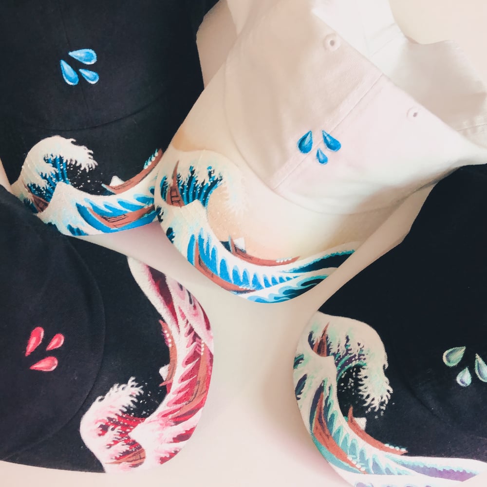 Image of Hand-Painted Hokusai Wave Dad Hats