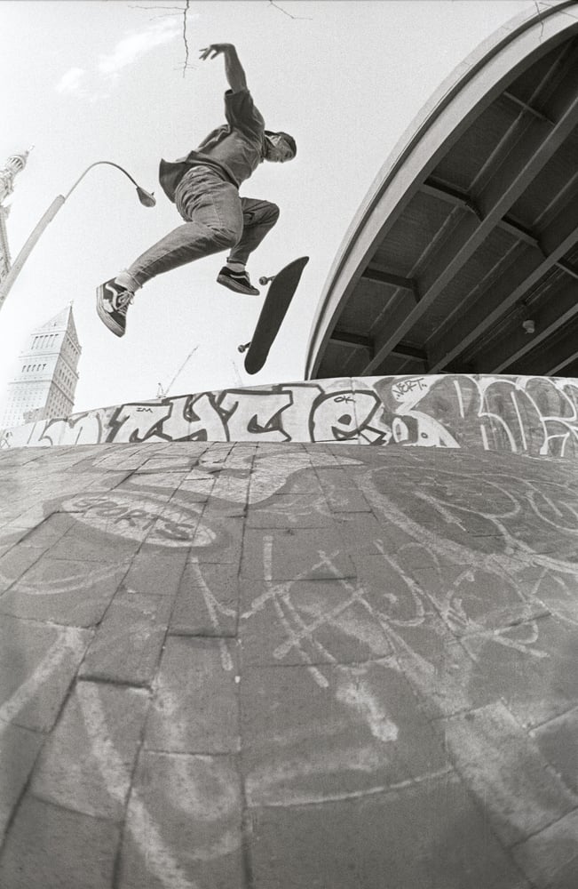 John Cardiel. 180 flip, Brooklyn Banks 1993 By Tobin Yelland