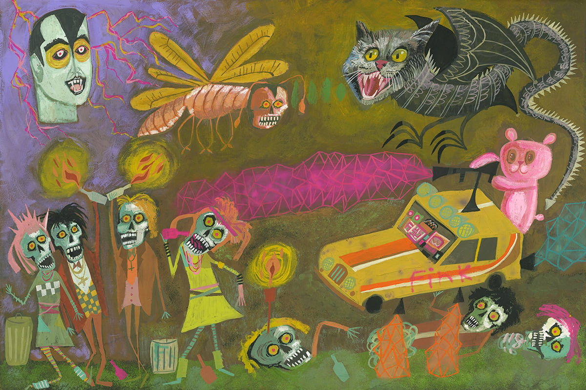 Image of 80s Zombie A Go Go. Original gouache painting on panel.
