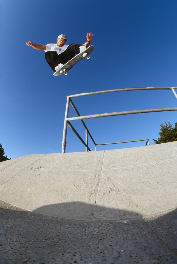 Sean Sheffy ollie over the bar at Fort Miley 1993 San Francisco by Tobin Yelland