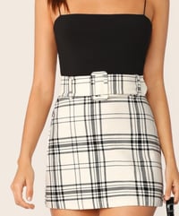 High Waist Buckle Belted Plaid Skirt