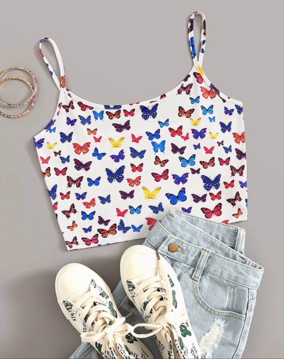Multicolored Butterfly Print Cropped Cami Top | Cassy