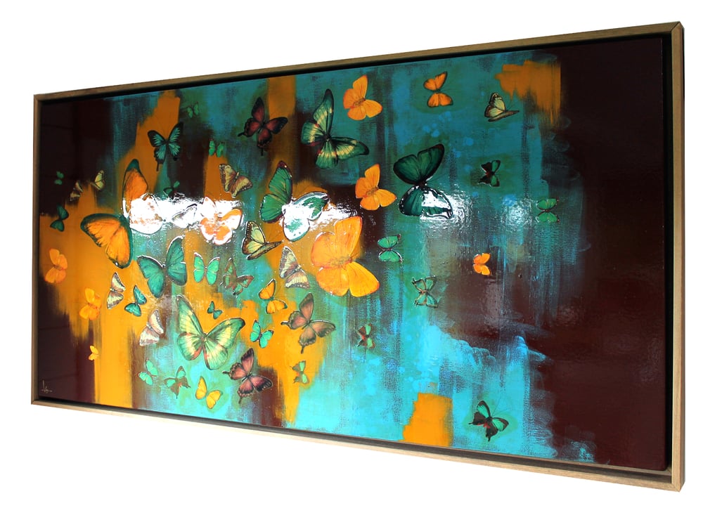Image of Original Canvas - Butterflies on Burnt Umber/Turquoise/Ochre - 24" x 48"