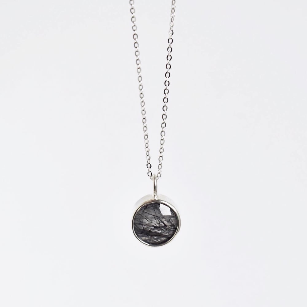 Image of Black Tourmalinated Quartz round cut silver necklace