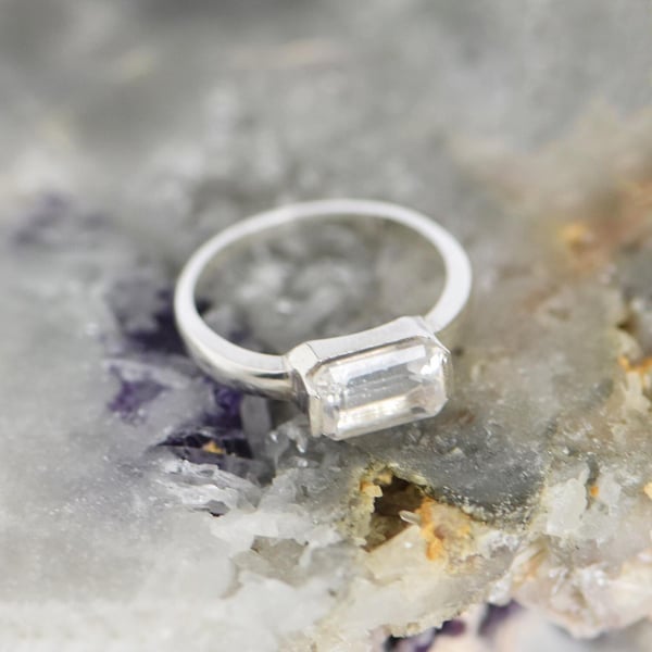 Image of Clear Quartz rectangular cut wide band silver ring