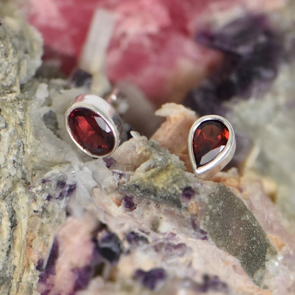 Image of Red Garnet 2 shapes mixed silver stud earrings