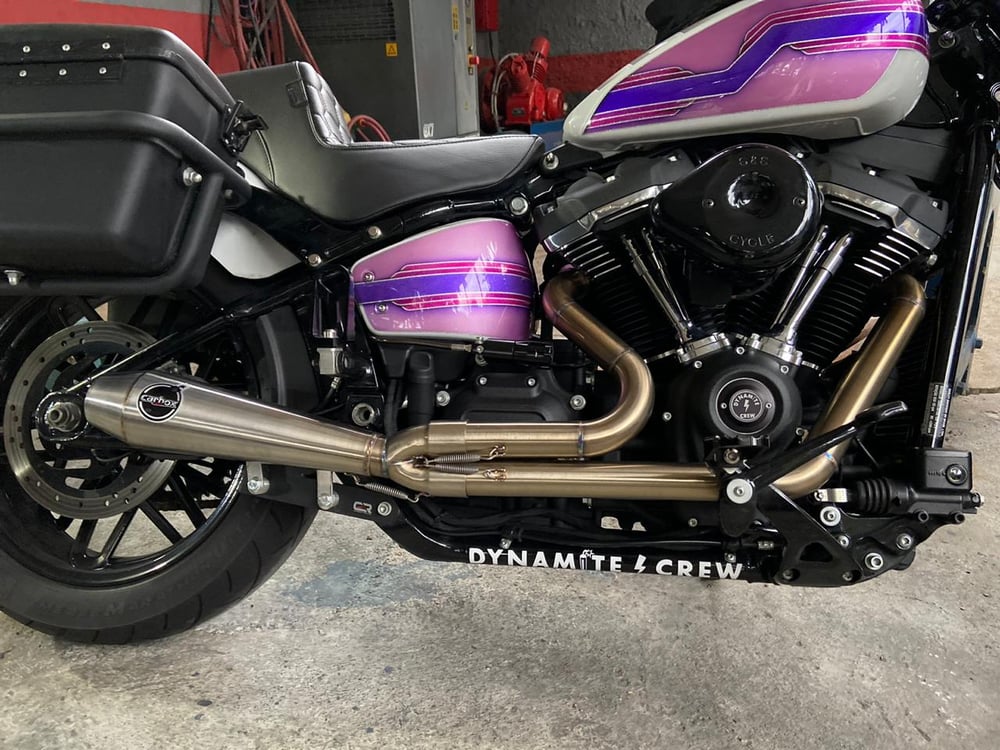 Image of New Dynamite Crew VS Carbox Racing 2x1 Stainless Exhaust for New Softails