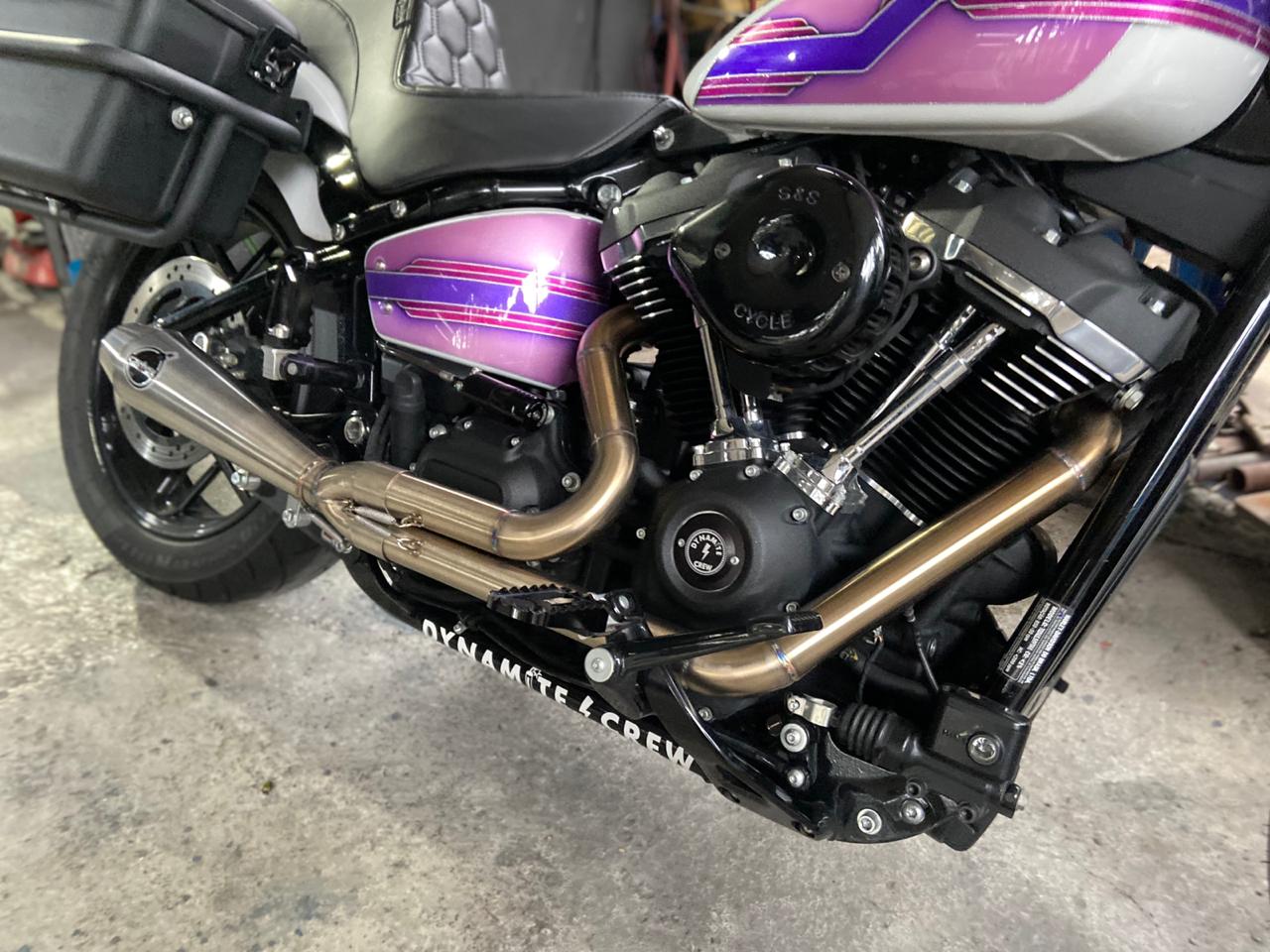 Image of New Dynamite Crew VS Carbox Racing 2x1 Stainless Exhaust for New Softails