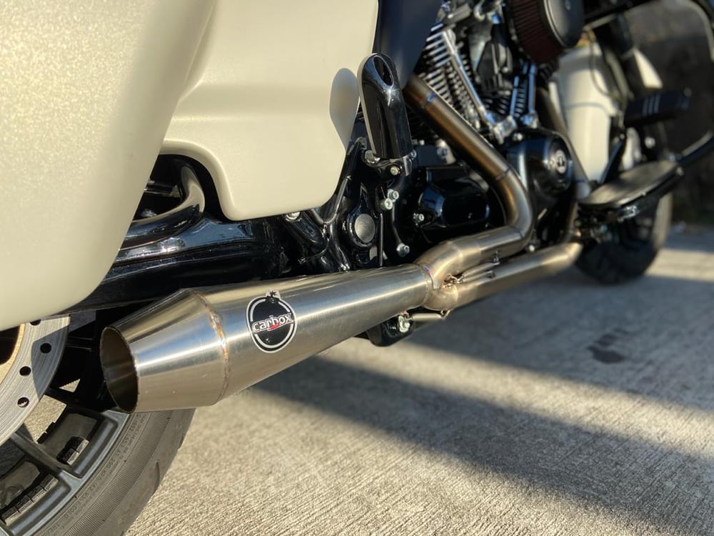 Image of New Dynamite Crew VS Carbox Racing 2x1 Stainless Exhaust for M8 Tourings