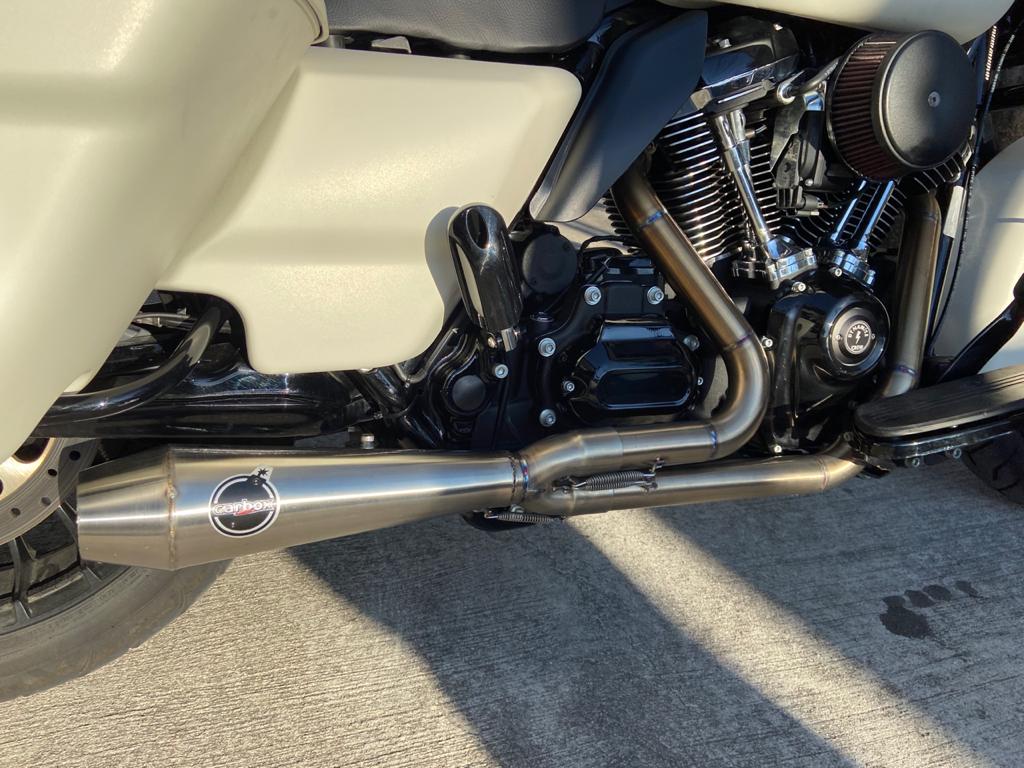 Image of New Dynamite Crew VS Carbox Racing 2x1 Stainless Exhaust for M8 Tourings